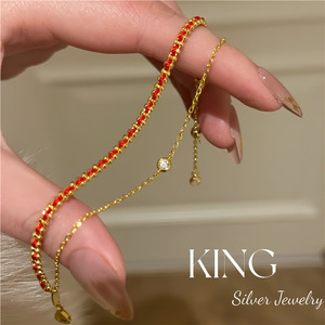 Pulsera de cuentas rojas de doble capa King Silver Jewelry, plata de ley 925 chapada en oro, estilo geométrico para uso diario de mujer - Product Image 2