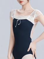 Elegante Maillot de Ballet con Encaje Floral y Mangas Cortas para Mujer Adulta, Espalda Abierta en U, para Clases de Ballet, Exámenes y Entrenamiento