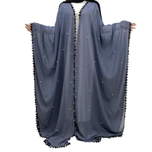 Caftan fête musulmane robe longue robe dentelle perles manches longues dubaï turc modeste kimono en mousseline de soie abaya ouverte