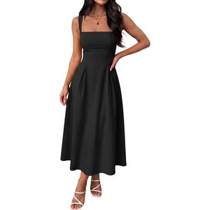Vestido de cóctel para mujer, cuello cuadrado, línea A, sin mangas, fluido, elegante, formal, para invitadas de boda, fiesta, vestido largo de verano - Product Image 1
