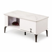 Table basse de salon en bois sur mesure, moderne, avec pieds métalliques coniques, plateau en marbre veiné, étagère ouverte, tiroir fermé et plateau en verre technologique