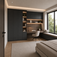 Armoires de bureau avec portes en charbon de bois, bureau en bois fumé et rangement sur toute la hauteur