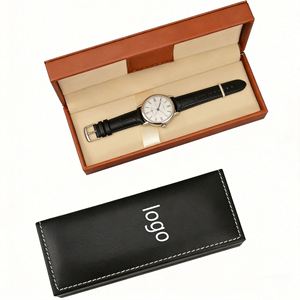 Boîte à montre longue en cuir PU avec logo personnalisé, couvercle rabattable, pour collier, bracelet, emballage cadeau, noir - Product Image 1