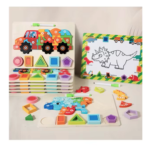 Jeu de dessin sur tableau blanc éducatif 3 en 1 pour garçons et filles, animaux, dinosaures, véhicules, puzzle en bois, jouet en bois pour enfants - Product Image 1