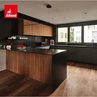 Meubles de cuisine écologiques Alland, armoires de cuisine en forme de U en acrylique gris bicolore et placage de noyer, prêtes à l'emploi, avec espace pour réfrigérateur