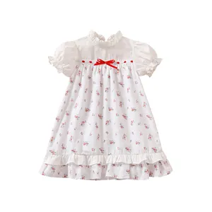 Gaun butik gaya baru musim panas bayi perempuan, gaun katun bercetak motif lengan gelembung