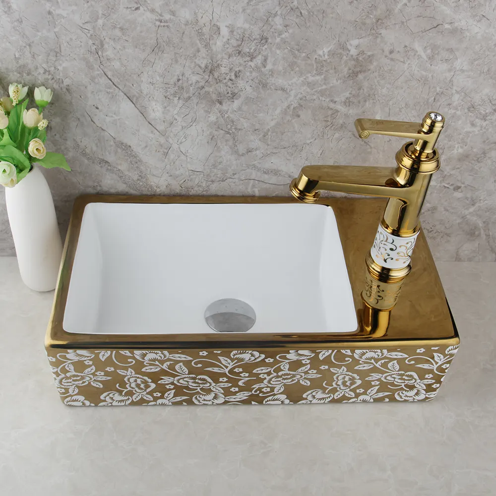 Rechthoek Badkamer Keramische Wastafel Vessel Sink Combo Gold Mengkraan Afval Drain