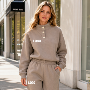 Ensemble de survêtement personnalisé pour <span class=keywords><strong>femme</strong></span> : sweat à capuche et pantalon de jogging rétro de haute qualité, couleur unie imprimée, deux pièces - Product Image 1
