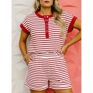 Fisoew Womens Striped 2 Piece Outfits Shorts <b>Set</b> Casual Button Henley Top Loose Breathable Spring Summer Matched Lounge <b>Set</b> - Product Image 3