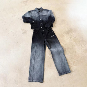 Clothing Custom Heavyweight Button <b>up</b> Denim Jackets and Straight Leg Baggy <b>Jeans</b> Set Sun Faded Design Men <b>Jeans</b> Denim Set - Product Image 1