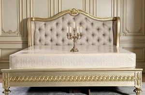Premium Queen Size Gold Trim <b>Bed</b> With Beige Diamond Tufted Nailhead Ornate Carved Headboard For European Luxury Bedroom - Product Image 2