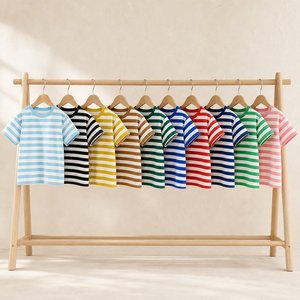 T-shirt unisexe pour enfants, bébé, garçon et fille, nouveau design 2026, doux, rayé, épaules tombantes, 95% coton, 5% élasthanne - Product Image 1
