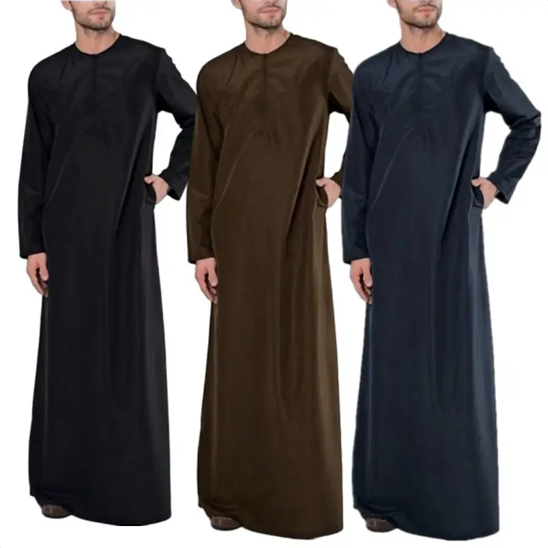 Moda masculina muçulmana Abaya Robe de manga longa com zíper e gola redonda, roupão islâmico saudita Kaftan