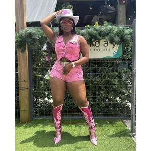 Ensemble en jean rose VOIKERDR pour femme, haut court sans manches et short, tenue Y2K, coupe classique, déchiré, boutonné sur le devant, coton respirant - Product Image 4