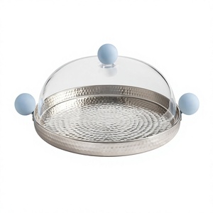 Luxury Light Blue Hammered Stainless Steel Durable Contemporary Serving <b>Tray</b> Clear <b>Glass</b> Dome Cover Metal Cake Stand Acrylic - Product Image 2