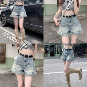 Shorts en jean <span class=keywords><strong>taille</strong></span> <span class=keywords><strong>haute</strong></span> élastiques pour femmes, fente latérale, été, coupe slim, jambe <span class=keywords><strong>large</strong></span>, couleur unie, shorts en jean vintage pour femmes - Product Image 2