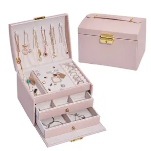 High-End Fashion Luxury Delicate Pink Pu Leather Boxes Jewellery Packaging Box Case Portable Jewelry Travel Organizer