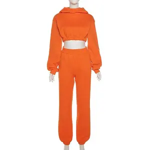 定制Logo橙色连帽衫纯色上衣女士秋裤慢跑裤套装高领两件套