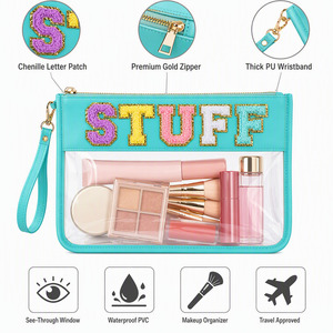 Pochette de maquillage transparente en PVC avec lettres en chenille, 11,6x8,6 pouces, avec dragonne et fermeture éclair dorée, organiseur de voyage, cadeau pour filles, lot de 2 - Product Image 3