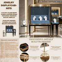 Vitrine de présentation de bijoux sur mesure, en verre avec bordure métallique et doublure en velours bleu, pour magasin de bijoux de luxe