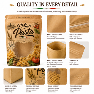 Sachet d'emballage alimentaire personnalisé en papier kraft pour pâtes, avec fenêtre transparente, encoche de déchirement et fermeture éclair refermable - Product Image 4