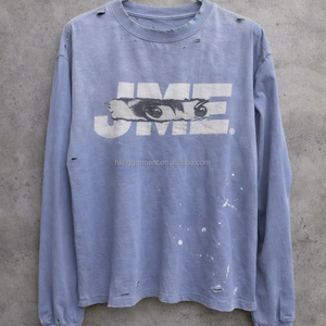 เสื้อยืดคอตตอนหนาน้ำหนักมากสไตล์วินเทจซีดจางแบบ OEM พิมพ์ลายกราฟิกแขนยาวแบบทำเก่าพร้อมโลโก้สั่งทำพิเศษ - Product Image 1