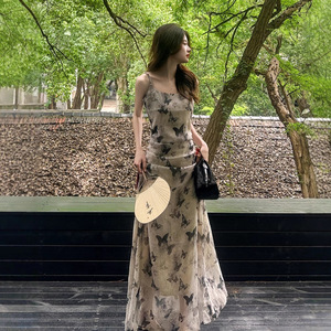 Stunning Beach Vacation Women's Early Summer Floor-Length Chinese Style Pencil Silhouette Sundress <b>Spaghetti</b> <b>Strap</b> Character - Product Image 1