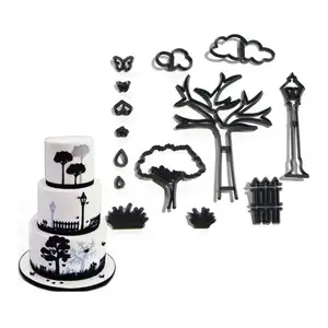 14 Stuks Set Park Thema Cookie Cutter Plastic Plant Boom Gras Straatlantaarn Fondant Cutter Cake Decoreren Gereedschap Bakken Cupcake Mal