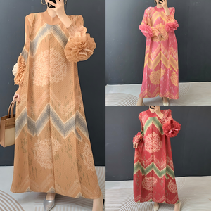 두바이 스타일 단정한 드레스 핫세일 프린팅 루즈 캐주얼 플리츠 드레스 빈티지 미디 기장 시크 핸드메이드 플라워 카프탄 로브 - Product Image 2