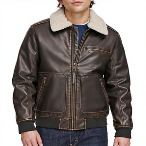 Blouson aviateur en cuir de vachette marron pour homme avec col en fourrure de mouton, fermeture éclair, coupe classique, style moto d'hiver - Product Image 1
