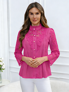 Joyinspring 2026 Nouvelle Collection Printemps/Été – Blouse Décontractée Grande Taille en Chiffon Brodé Uni avec Dentelle et Col Rond à Manches Longues pour Femme – En Stock - Product Image 6