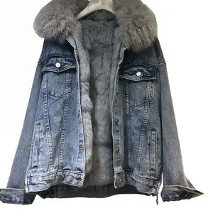 New Winter Luxury Real Fox Fur Collar Denim Jacket Parker For Women Thick Warm Detachable Rabbit Fur Liner Jeans Parka Coat