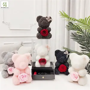 Diawetkan Mawar Segar Bunga Kotak Hadiah Set dengan Beruang untuk Hari Valentine Hari Ibu Ulang Tahun Pernikahan Bridesmaid