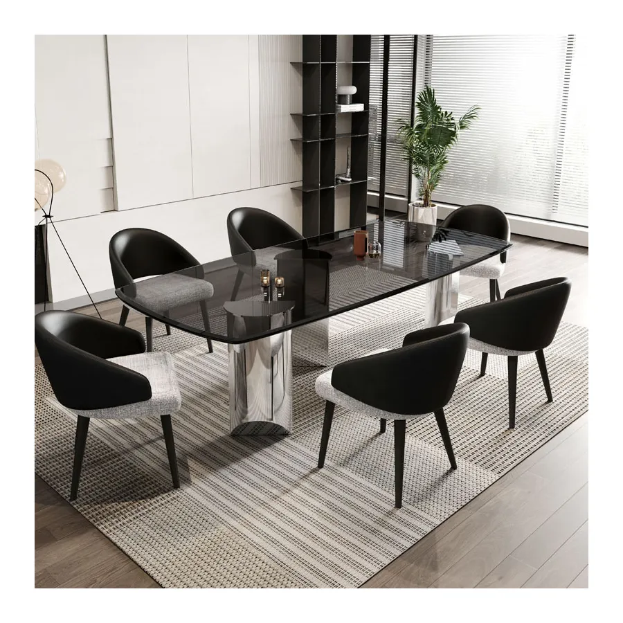 Nodic Marble Design Rectangle Long Home Furniture Tempered Glass Top Dinning Table Meeting Room Office Desk With Metal Base