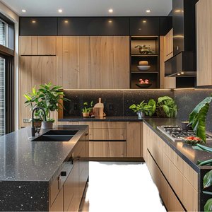 Mueble de Cocina Modular Personalizado de Madera Contrachapada Moderna con Estufa de Gas de Acero Inoxidable, Isla de <span class=keywords><strong>Piedra</strong></span> Negra con Borde en Cascada y Campana Extractora - Product Image 1