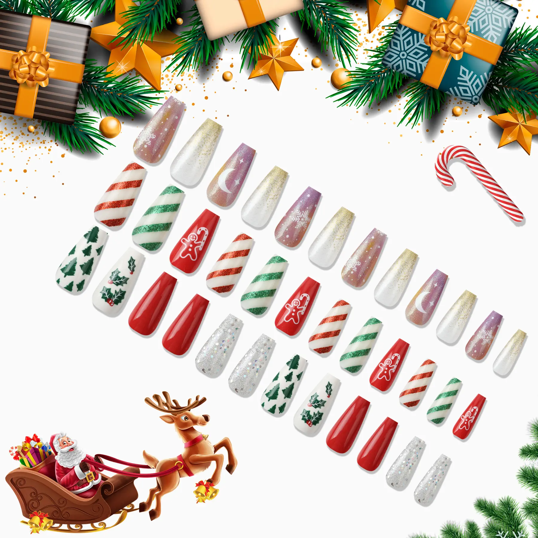 Newair Christmas Nail Set 72Pcs Combination Red Medium Coffin Ballerina Artificial Snowflake Press On Nails