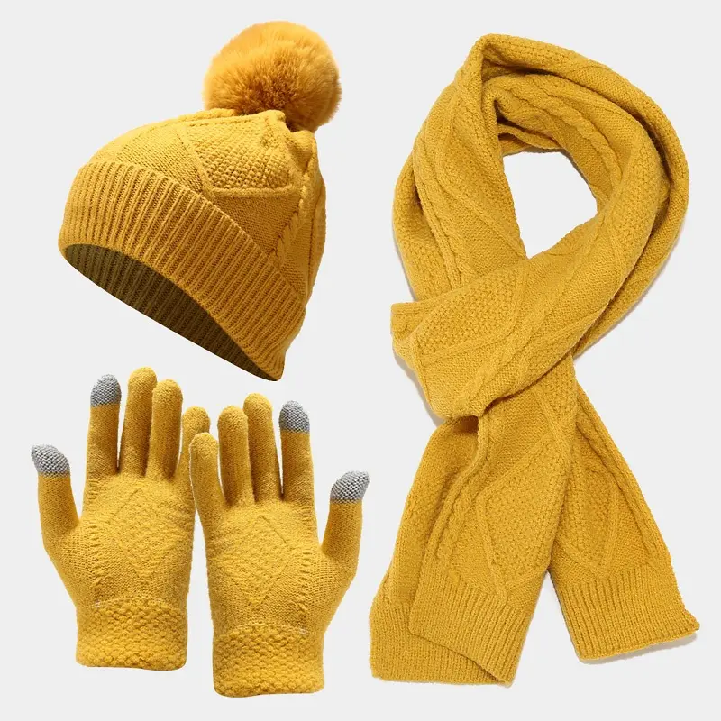 Lenço quente de inverno de três peças, luvas, bonés, chapéus, chapéus, lenços, chapéus, lenços e chapéus de tricô para adultos e crianças, chapéu quente de tricô, logotipo personalizado