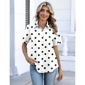 Camisa de Mujer con Botones y Estampado de Lunares, Manga Corta, Cuello Camisero, Blusa Informal, Tela Popelina, para Uso Diario - Product Image 5