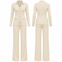Ensemble coordonné en tricot pour femme, cardigan en mélange de fibres de laine personnalisé avec boutons dorés et pantalon large à taille haute, pour le bureau