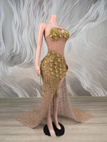 Robe de soirée Ocstrade transparente en maille nude avec strass dorés et motifs floraux, bretelles spaghetti, fente haute et franges, idéale pour les spectacles sur scène