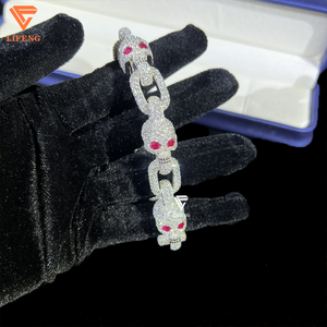 패스 다이아몬드 테스터 전체 아이스 아웃 S925 스털링 실버 13MM 빨간 눈 남성용 모이사나이트 해골 팔찌 쿠바 팔찌 - Product Image 4