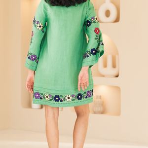 Vestido de Lino y Algodón Bordado Personalizado, Elegante, Cuello en V, Casual, Manga Corta, Midi, Vestido de Verano para Mujer - Product Image 5