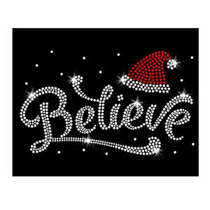 ملصق حراري لقميص بتصميم قبعة سانتا كلوز وعبارة '<span class=keywords><strong>Believe</strong></span>' لعيد الميلاد، مزين بالكريستال اللامع - Product Image 1
