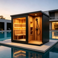 Kabin Sauna Inframerah Jauh Modern Mewah untuk Luar Ruangan dengan Kamar Mandi dan Dek Kayu Cedar Merah untuk 4 Orang, Perlengkapan Lengkap untuk Kesehatan di Taman