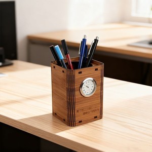 Wooden Clock <b>Pen</b> Holder Square Multi Functional Storage <b>Box</b> For Desk Office Home Student Use - Product Image 1