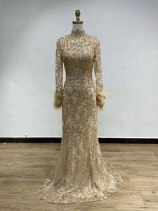 MB239002 Robe de soirée à paillettes perlées, plumes accentuées, manches longues, col haut, dubaï, musulmane, arabe, pour femmes, bal de promo - Product Image 2