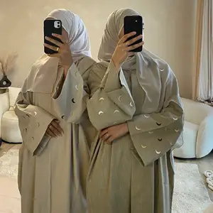 2024 Kalkoen Eid Bescheiden Dubai Abaya Voor Meisje Kimono Moslim Vrouwen Jurk Custom Luxe Schattige Maan Borduurwerk Mouwen Linnen Open Abay