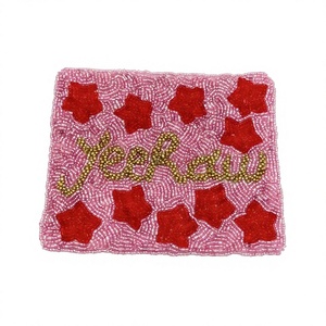 Bolsa de cosméticos rosa con cuentas, con estrellas rojas y texto Yeehaw, bolsa de maquillaje portátil de estilo bohemio - Product Image 1
