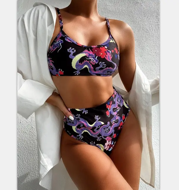 2021 Wholesale plus size swimwear summer beach sexy ladies high waist bikini print dragon bathing suit