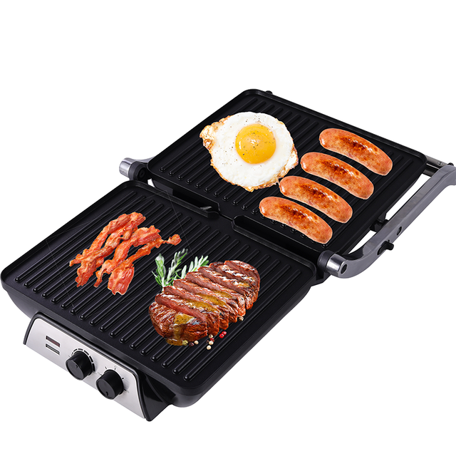 Open 180 Indoor Panini Press Grill Non-stick Sandwich Maker Temperature Dual Knobs Control Electric Contact Grill with Drip Tray